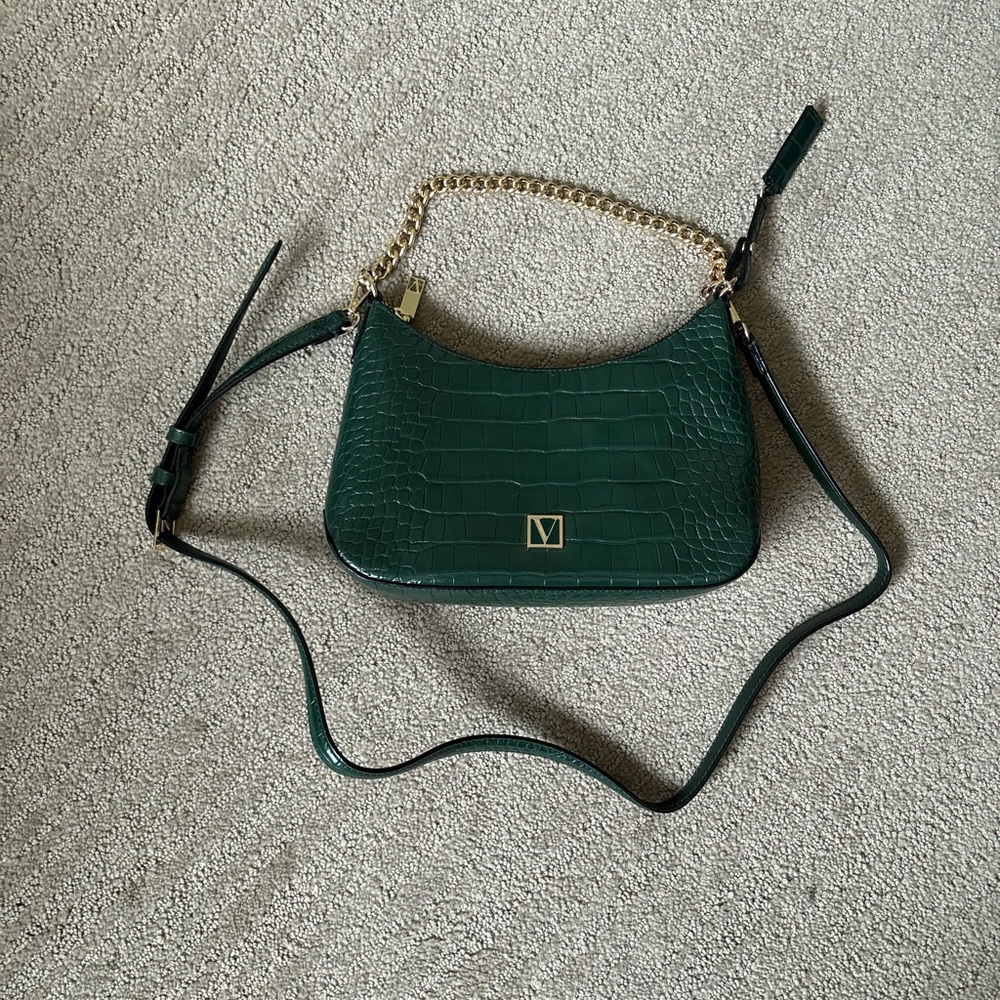 Victoria's Secret Dark Green Croc-Embossed Mini Shoulder Bag with Gold Chain